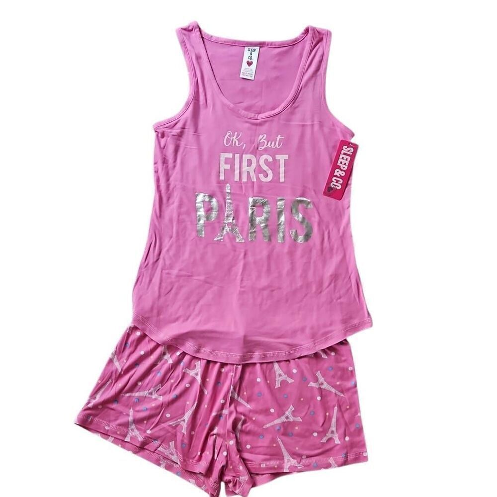 Sleep & Co Two Piece Graphic Tank and Shorts Sleepwear Pajamas Pink Medium